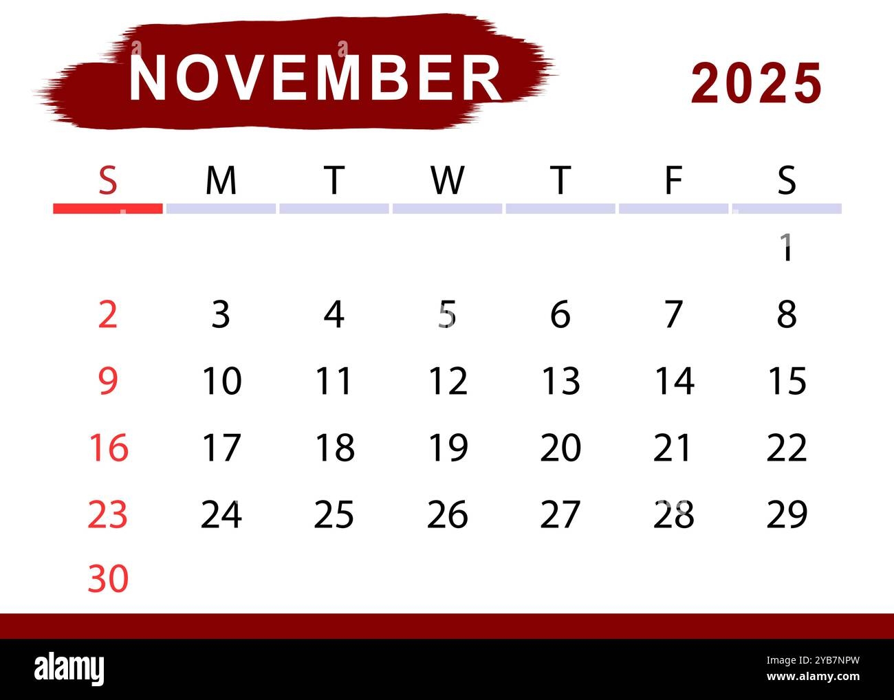 November 2025 Simple Month Calendar Sunday Start Vector Design Stock Vector Image Art Alamy