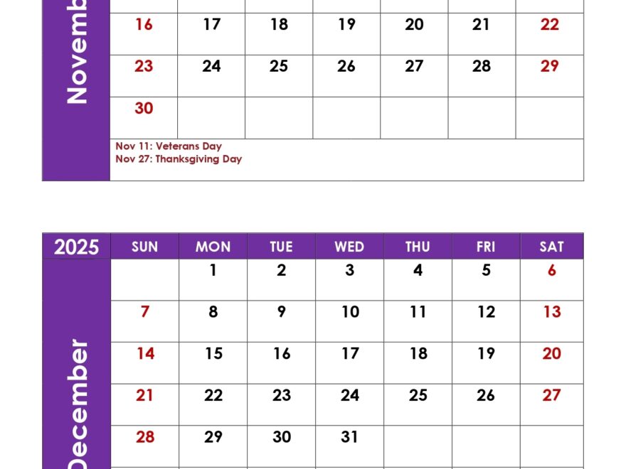 November And December 2025 Calendar Printable PDF Two Months Calendar