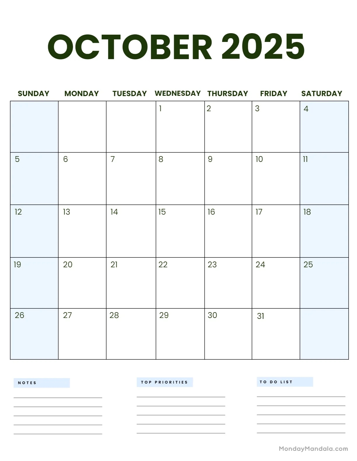 Blank Calendar 2025 October Ocean Theme