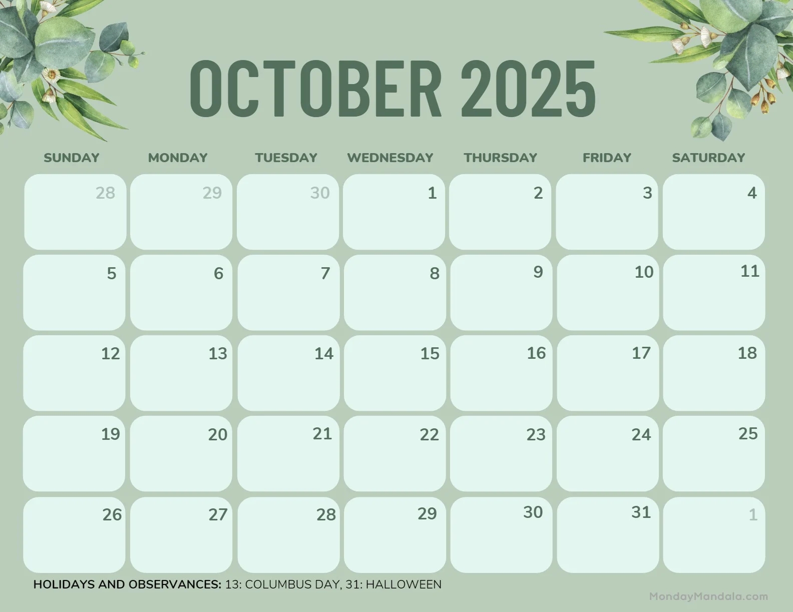 2025 October Calendar