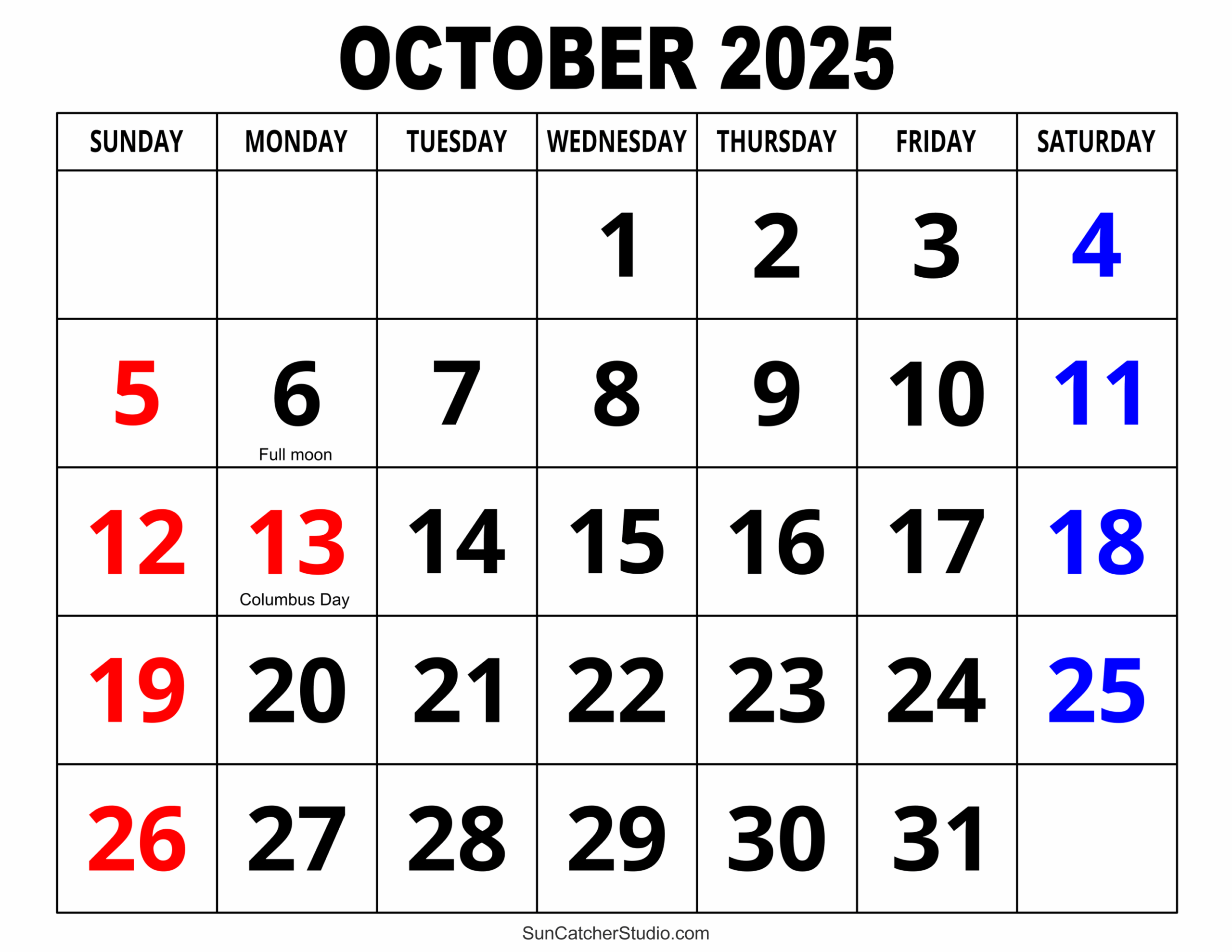 Printable Blank Calendar October2025
