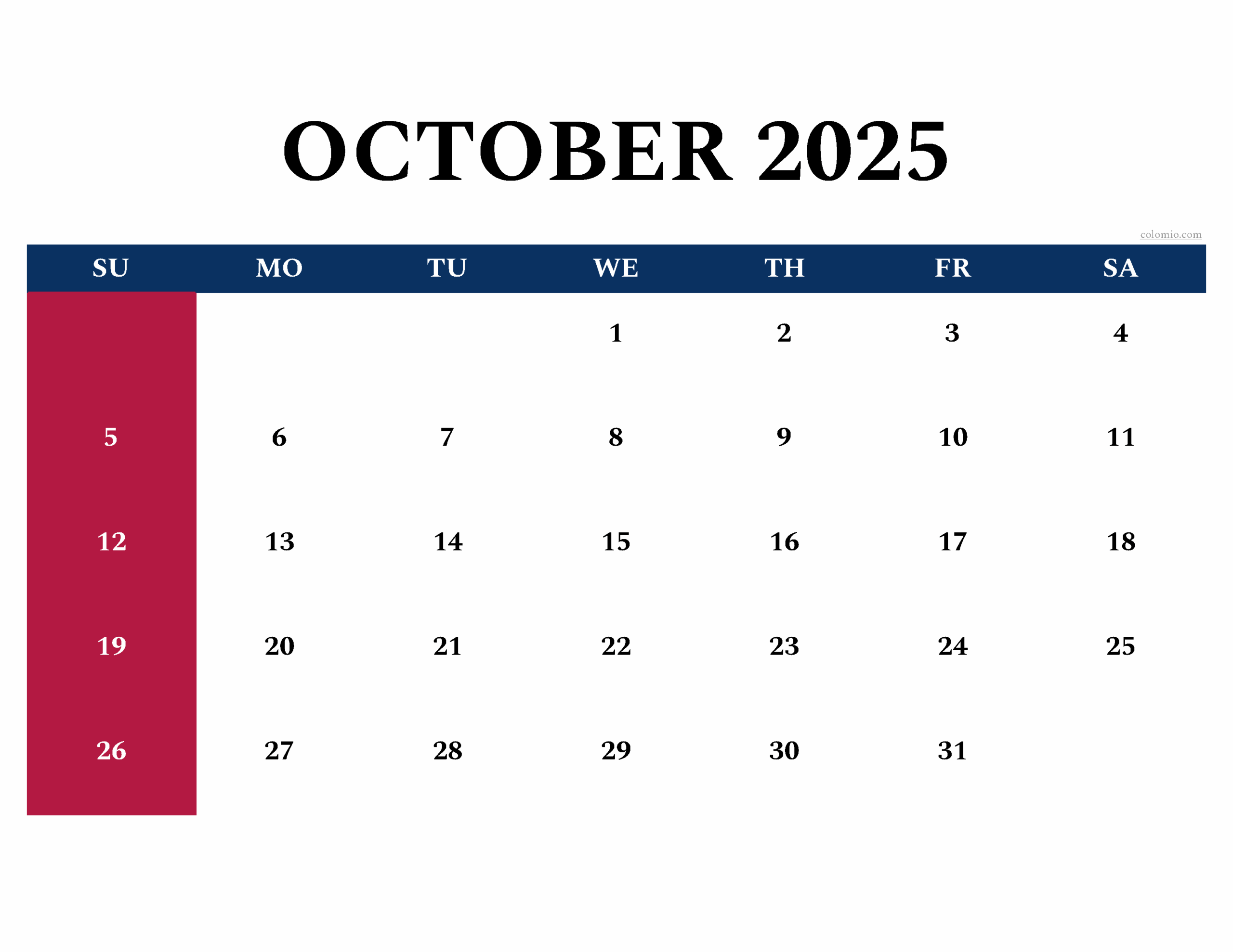 October 2025 Calendar Free Printable PDF XLS And PNG