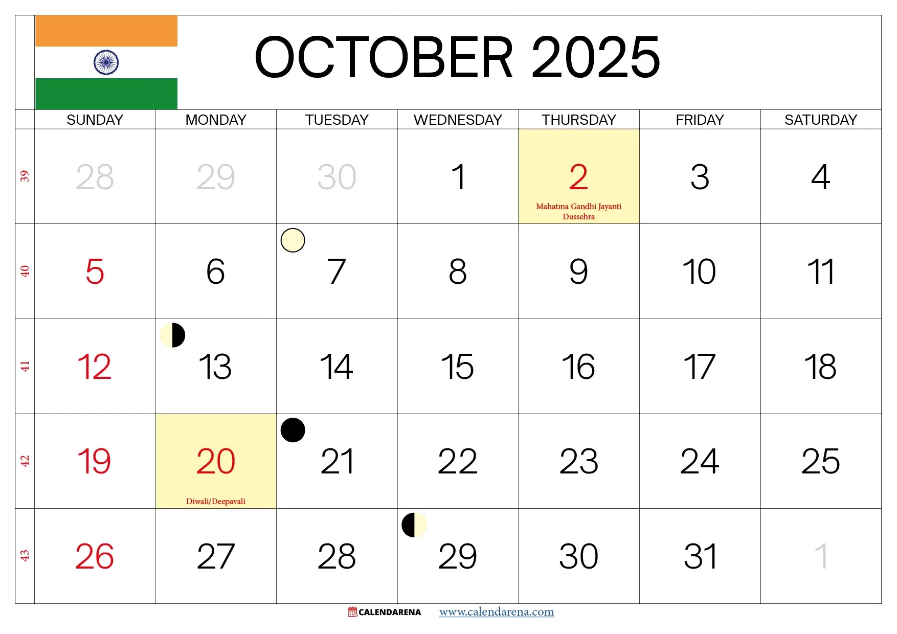 October 2025 Calendar India