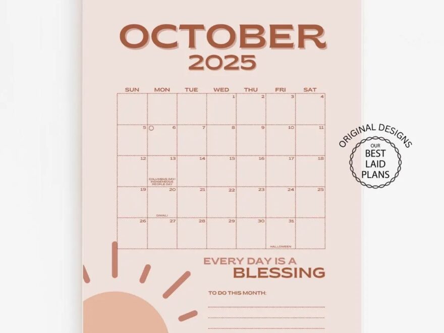 October 2025 Calendar Printable PDF October 2025 Calendar Page October 2025 Pink Boho October 2025 Cute Calendar Oct Cal Digital Download Etsy