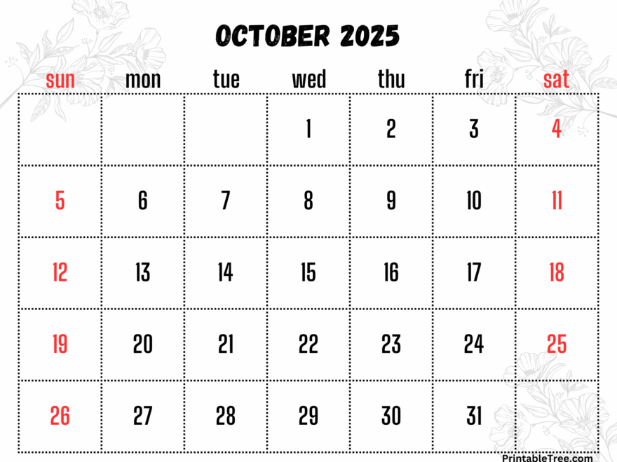 October 2025 Calendar Printable PDF Template With Holidays