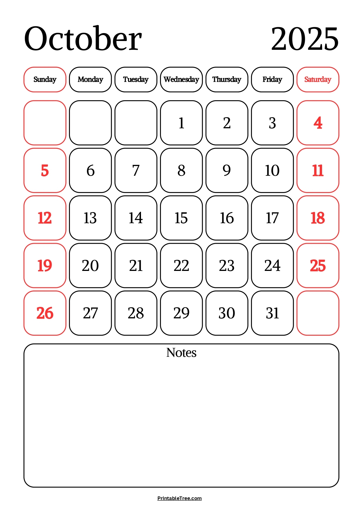 Blank Calendar October 2025 Word