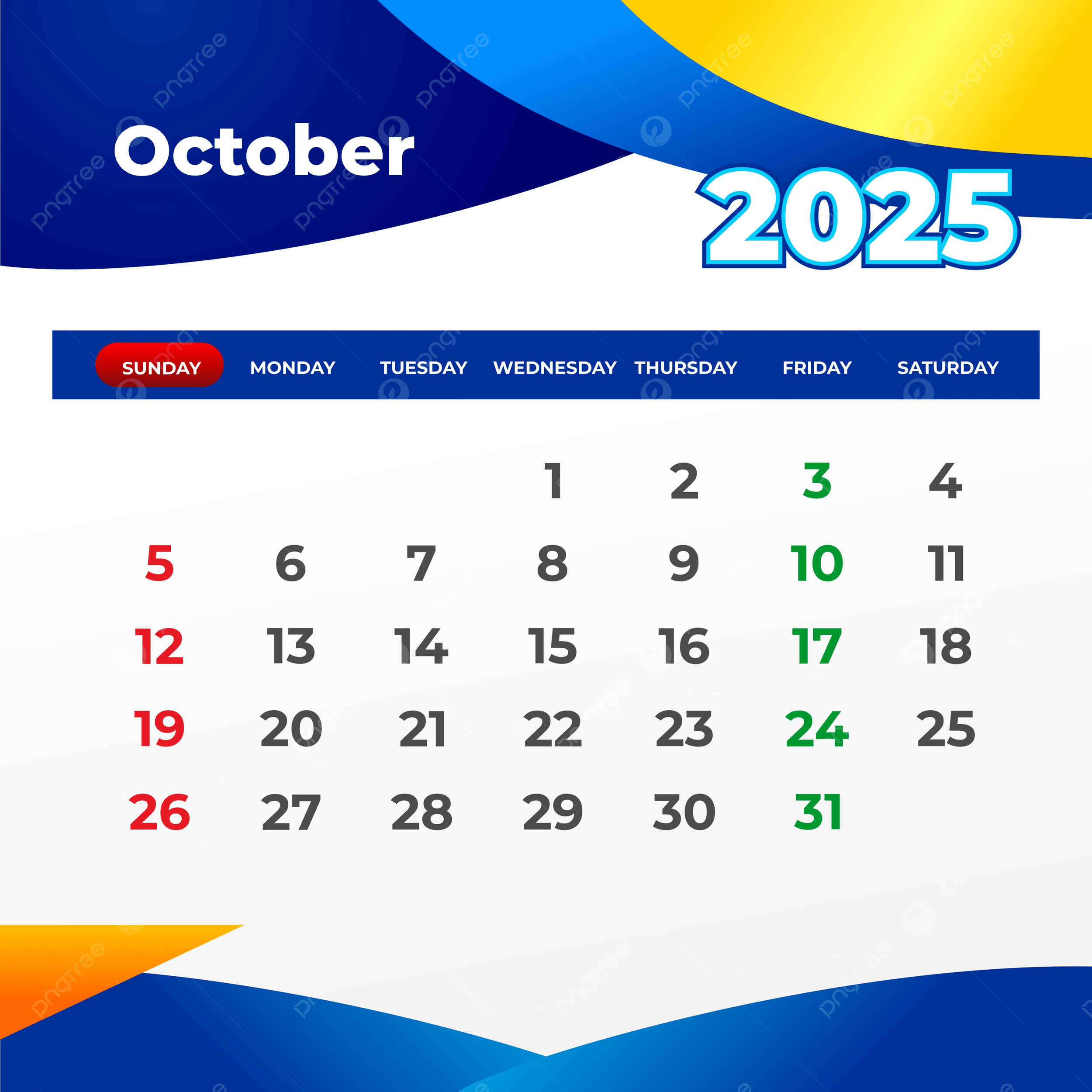 October 2025 Calendar Ready To Print Vector Template Download On Pngtree