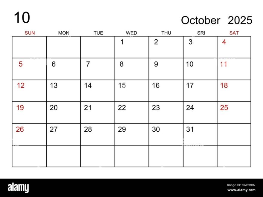 October 2025 Calendar Template On White Paper Background Stock Photo Alamy