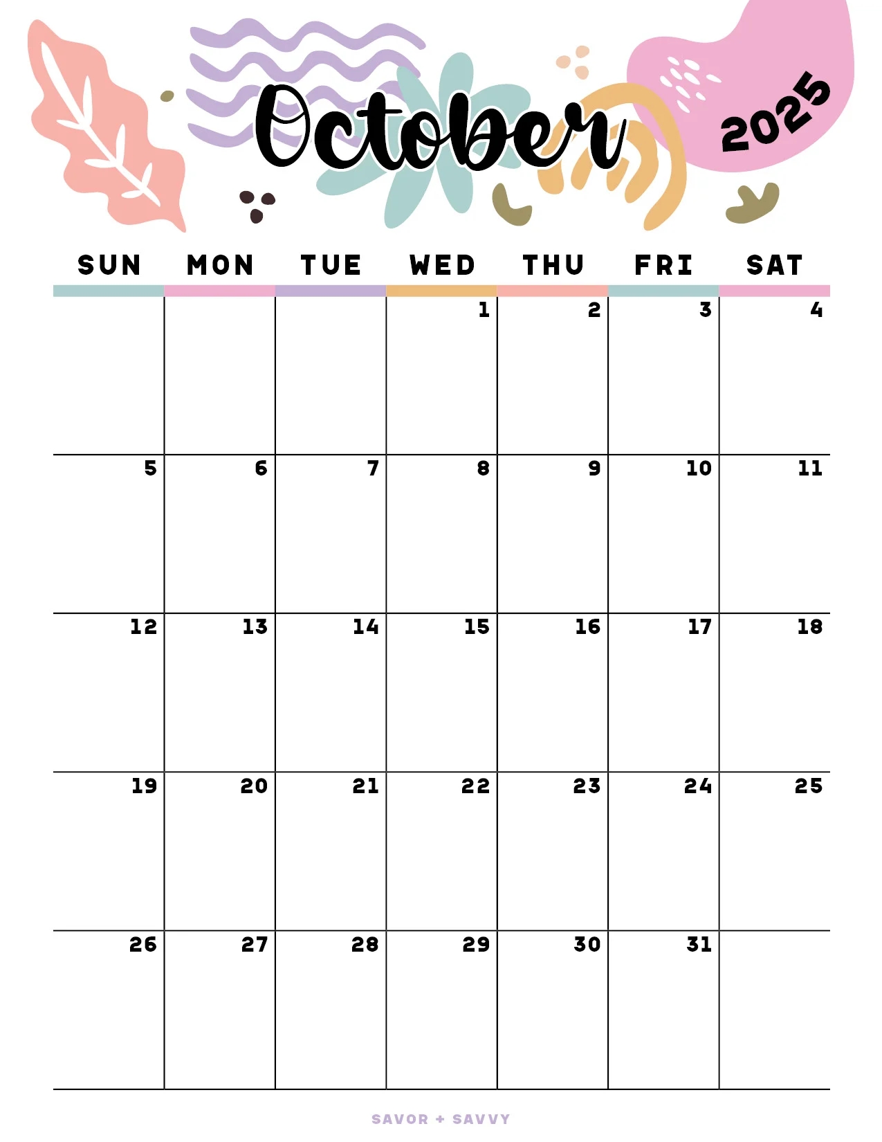 October 2025 Calendar Templates 14 Free Printables Savor Savvy