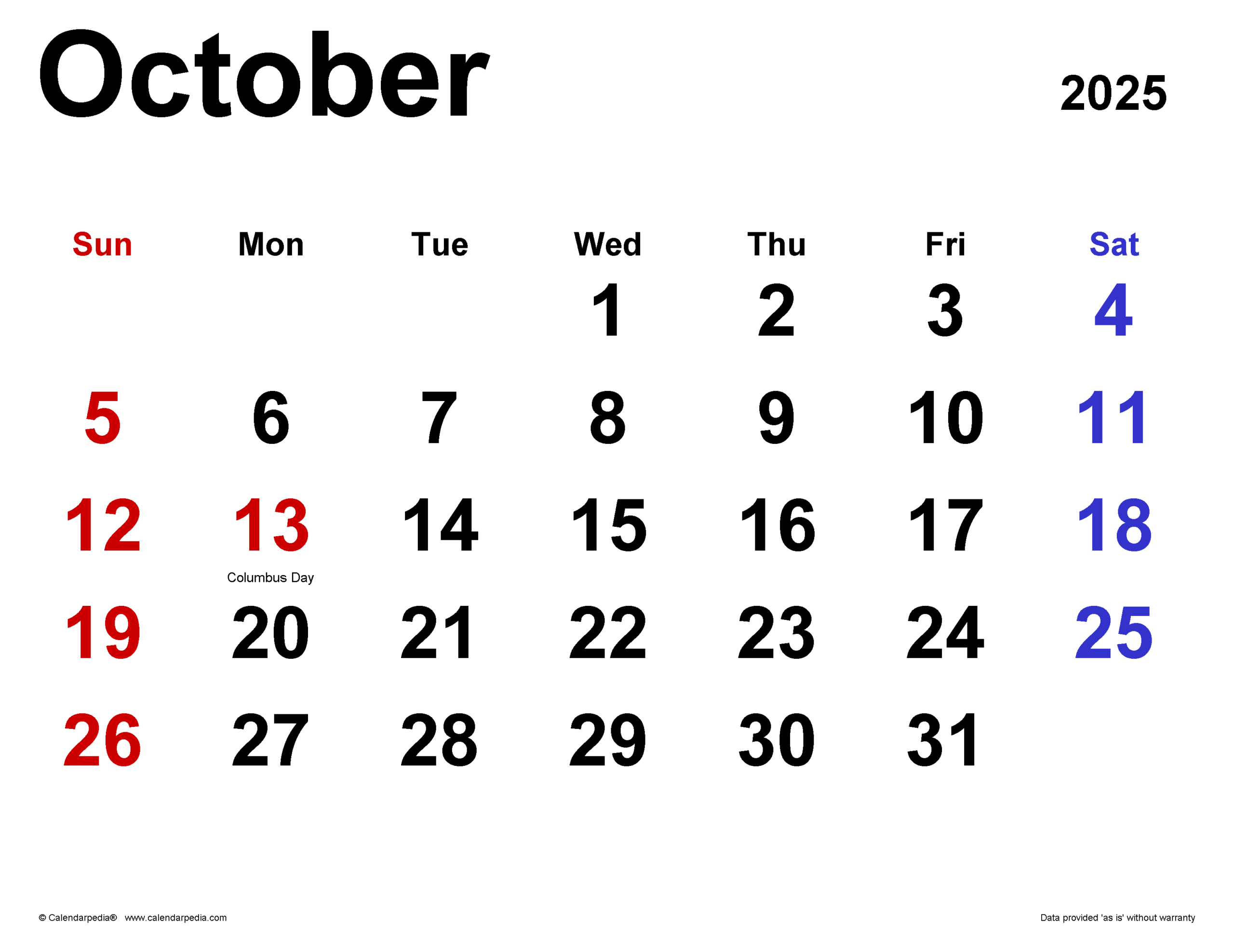 Blank Calendar 2025 Oct