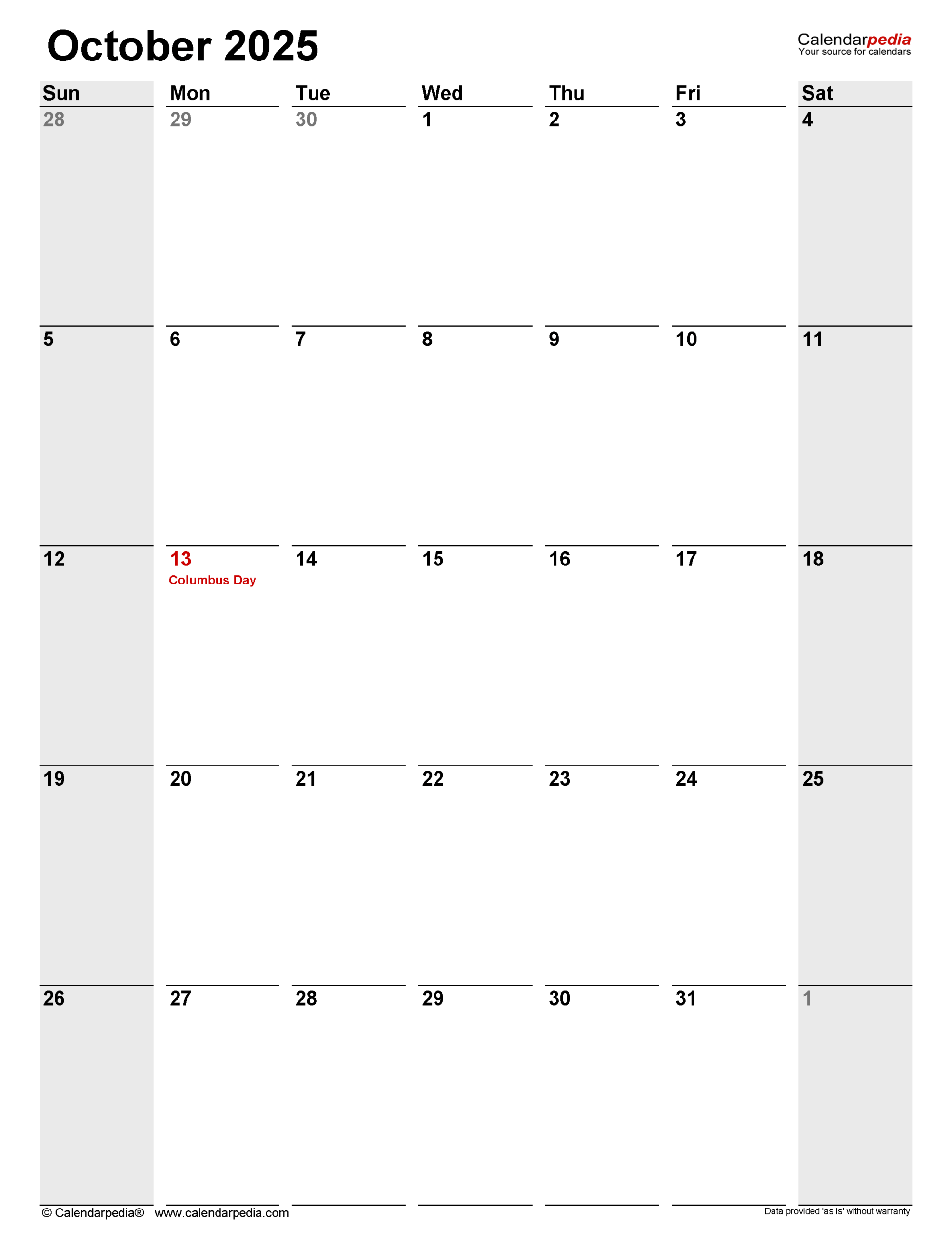 Blank Calendar Pages 2025 October