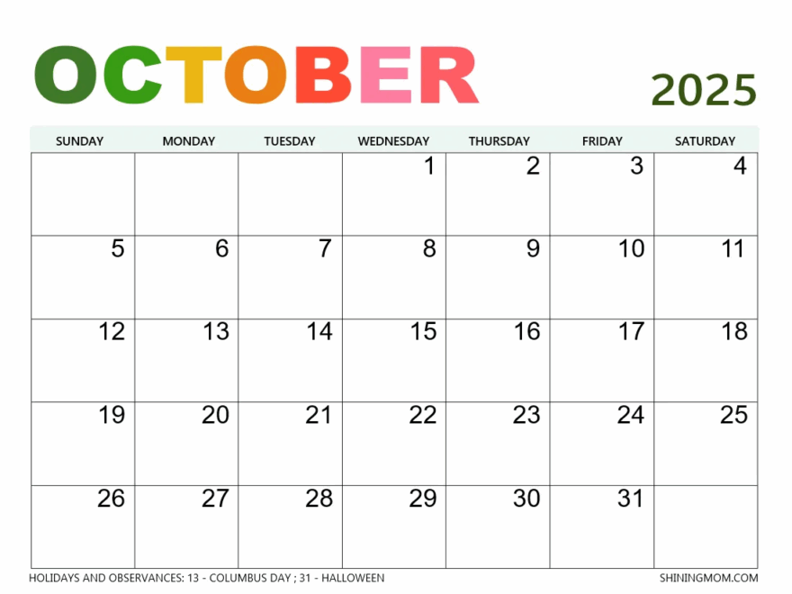 October 2025 Calendar With Holidays 45 Best Free Printables