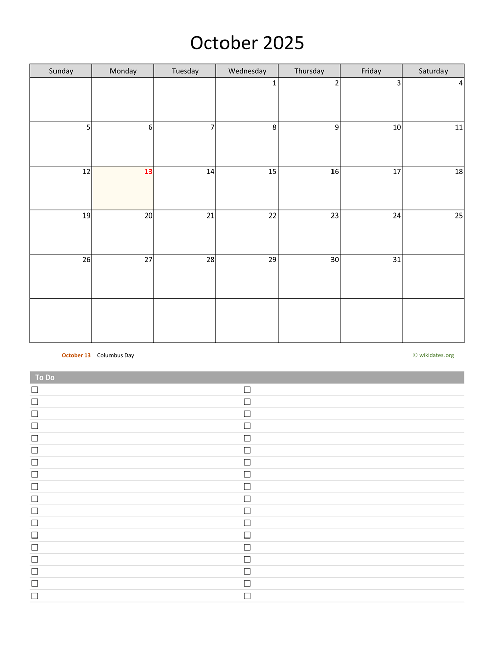 October 2025 Calendar With To Do List WikiDates