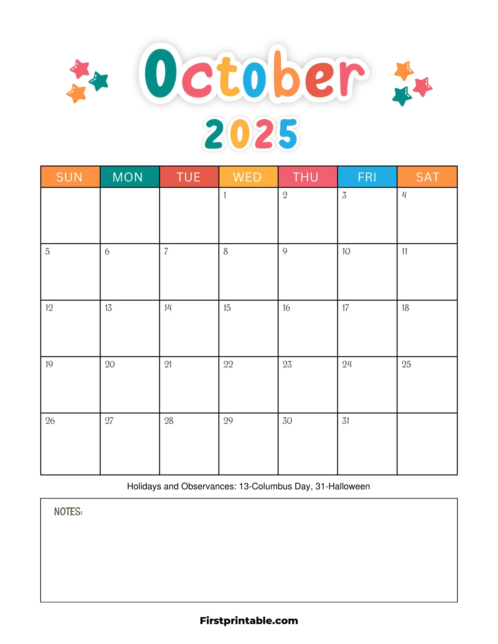 October 2025 Calendars Free Printable Fillable