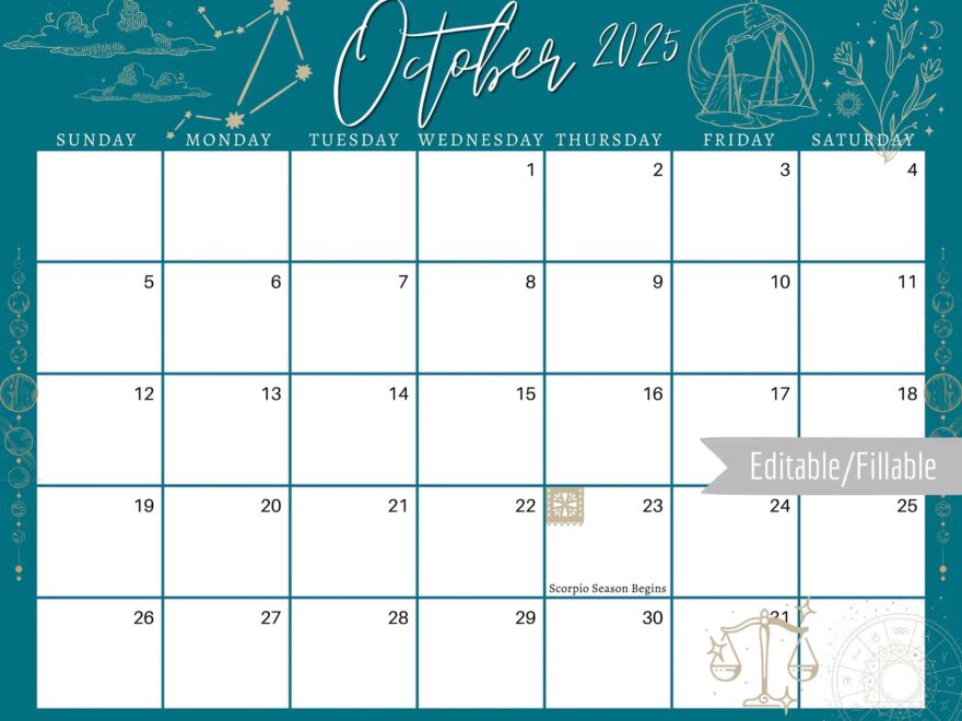 October 2025 Digital Calendar Teal Libra Astrology Planner Editable Fillable Printable Calendar For Planning PDF PNG And JPG Download Etsy