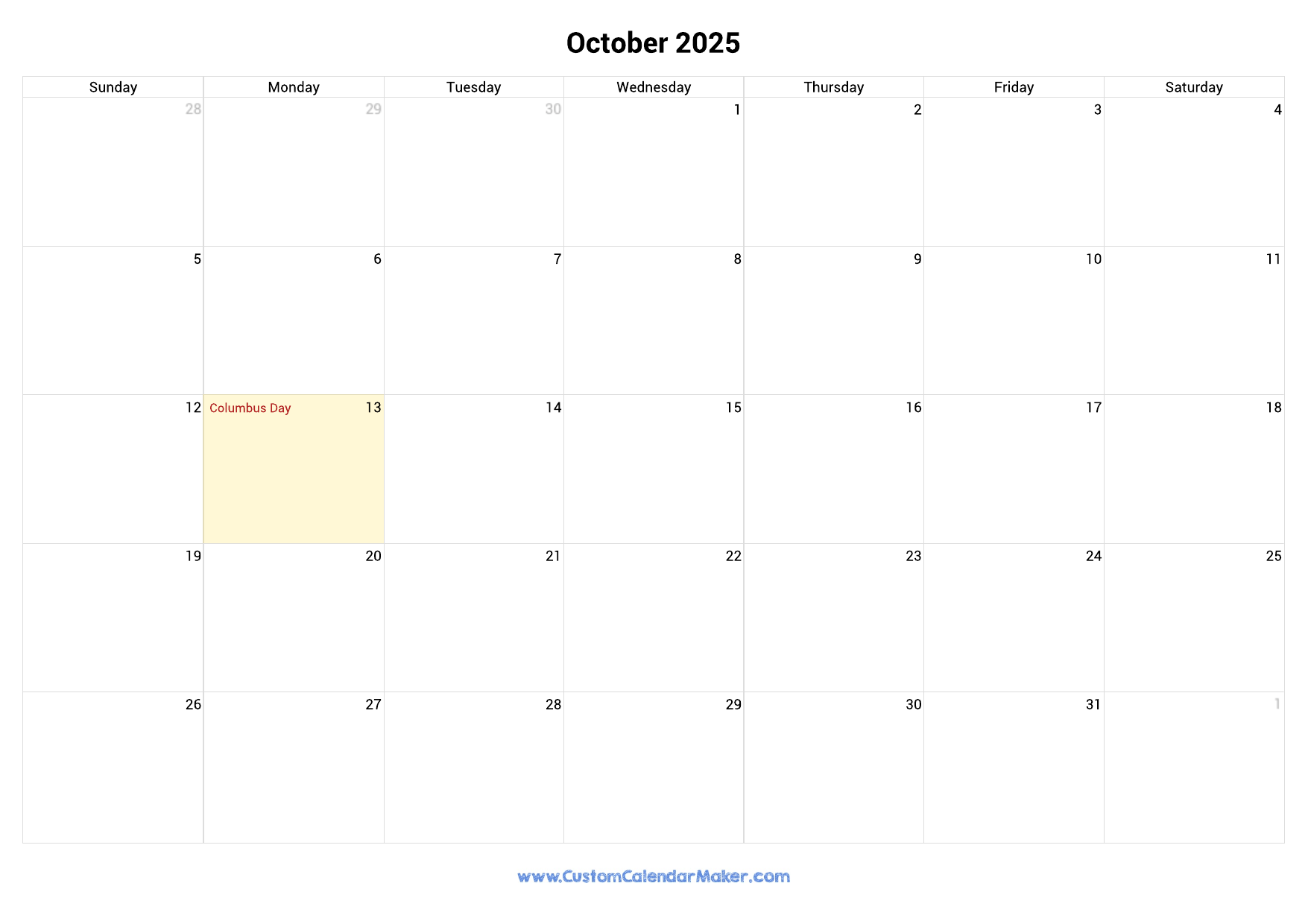Blank October 2025 Months Calendar