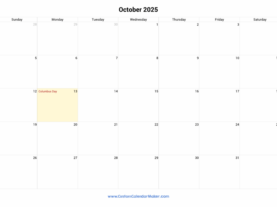 October 2025 Printable Calendar With US Federal Holidays Custom Calendar Maker