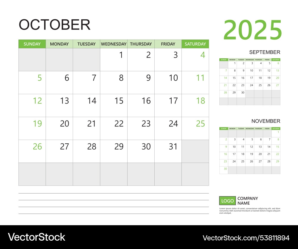 October 2025 Year Calendar Planner Template Vector Image