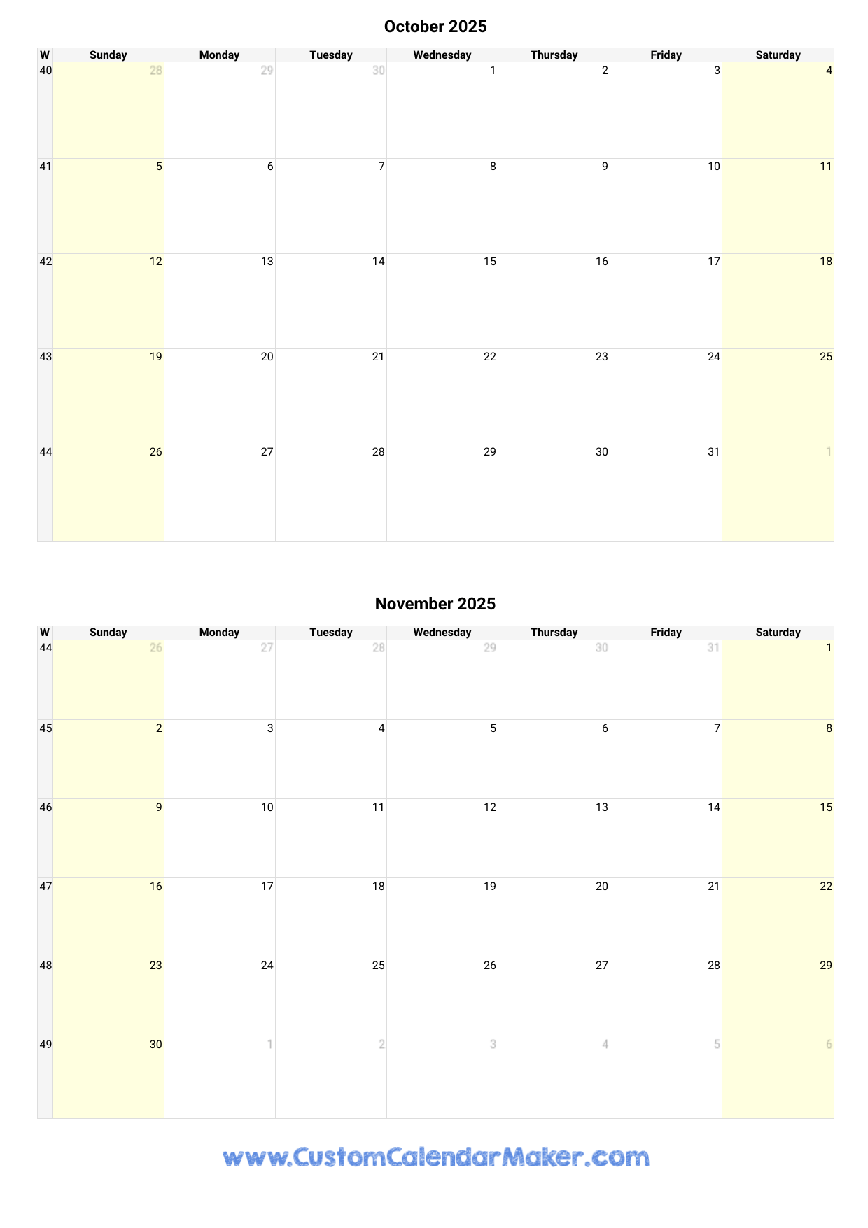 Printable Blank October 2025 Calendar Template