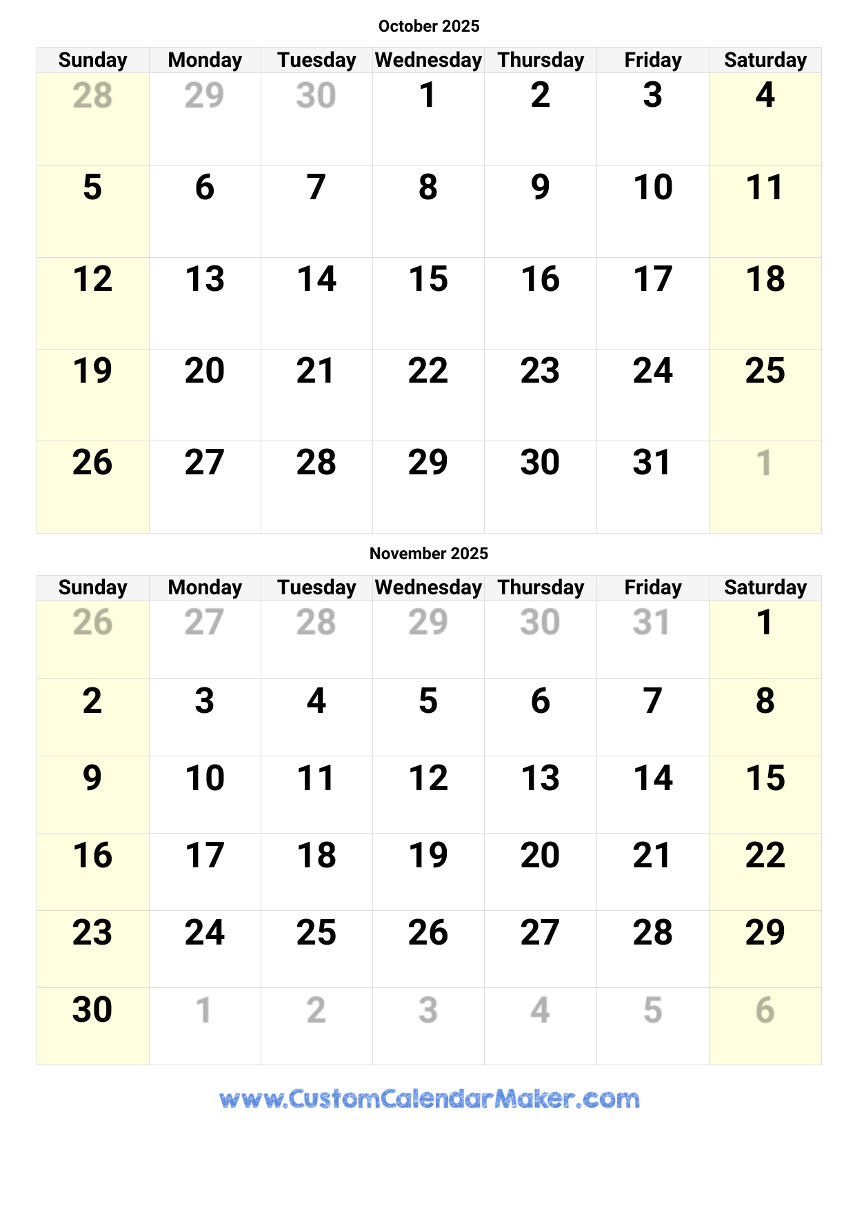 Blank October 2025 Printable Calendar