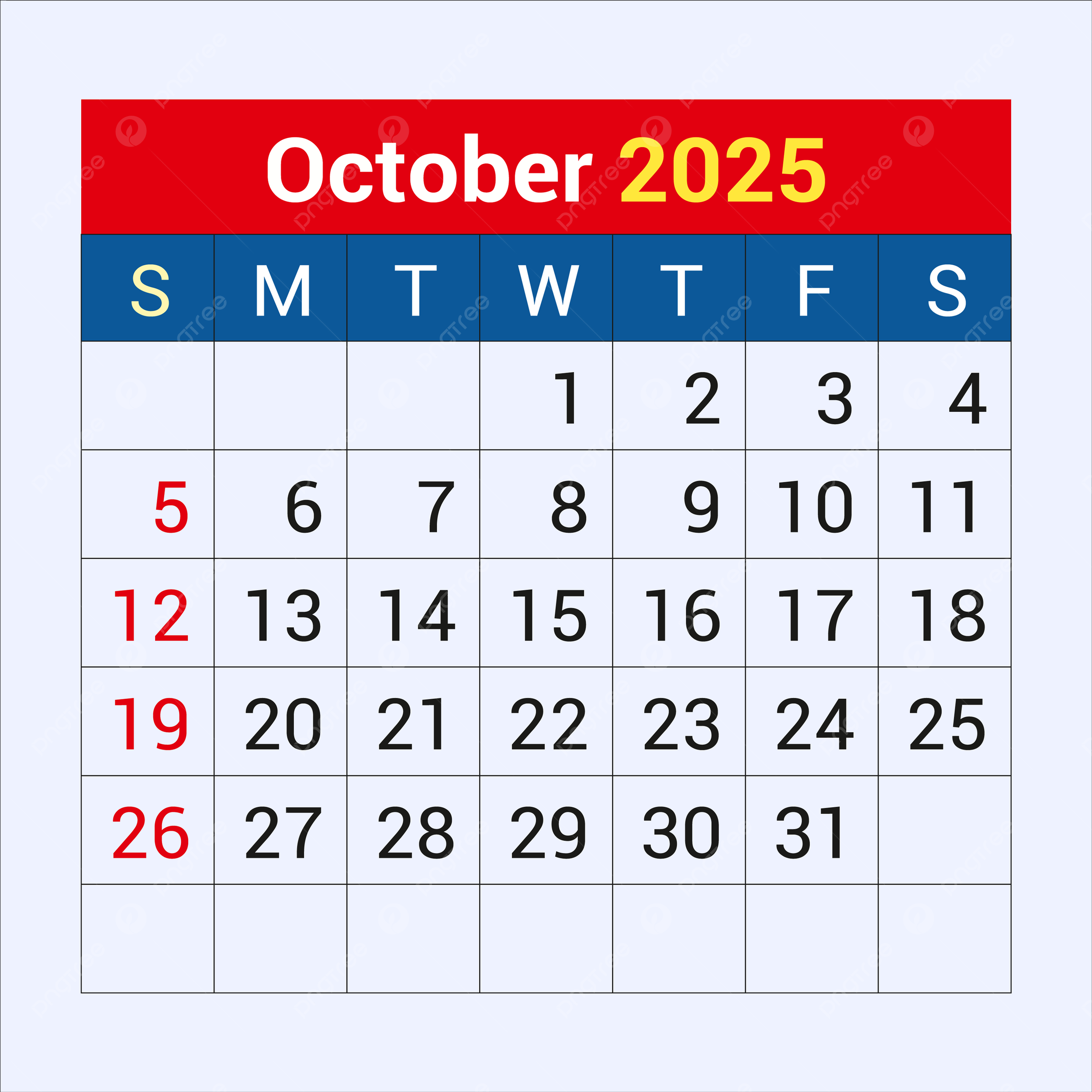 October Calendar 2025 Vector Template Download On Pngtree
