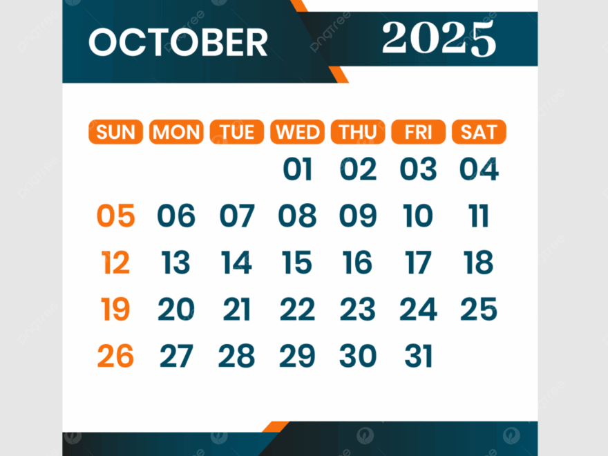 October Month Calendar 2025 Vector Template Download On Pngtree