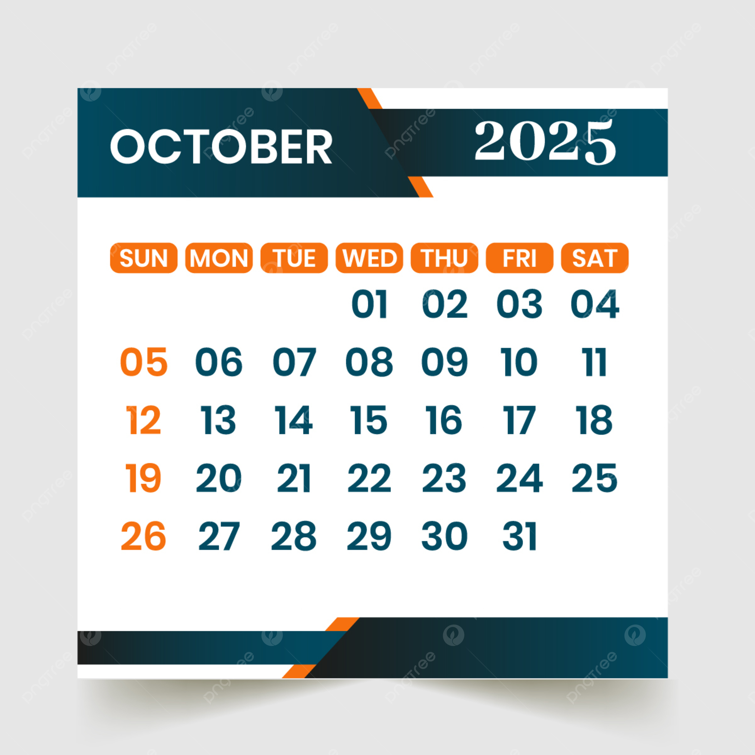 October Month Calendar 2025 Vector Template Download On Pngtree
