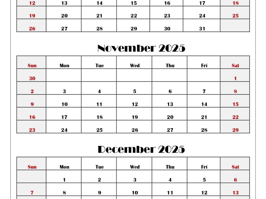 October To December 2025 Calendar Printable PDF Three Months Calendar