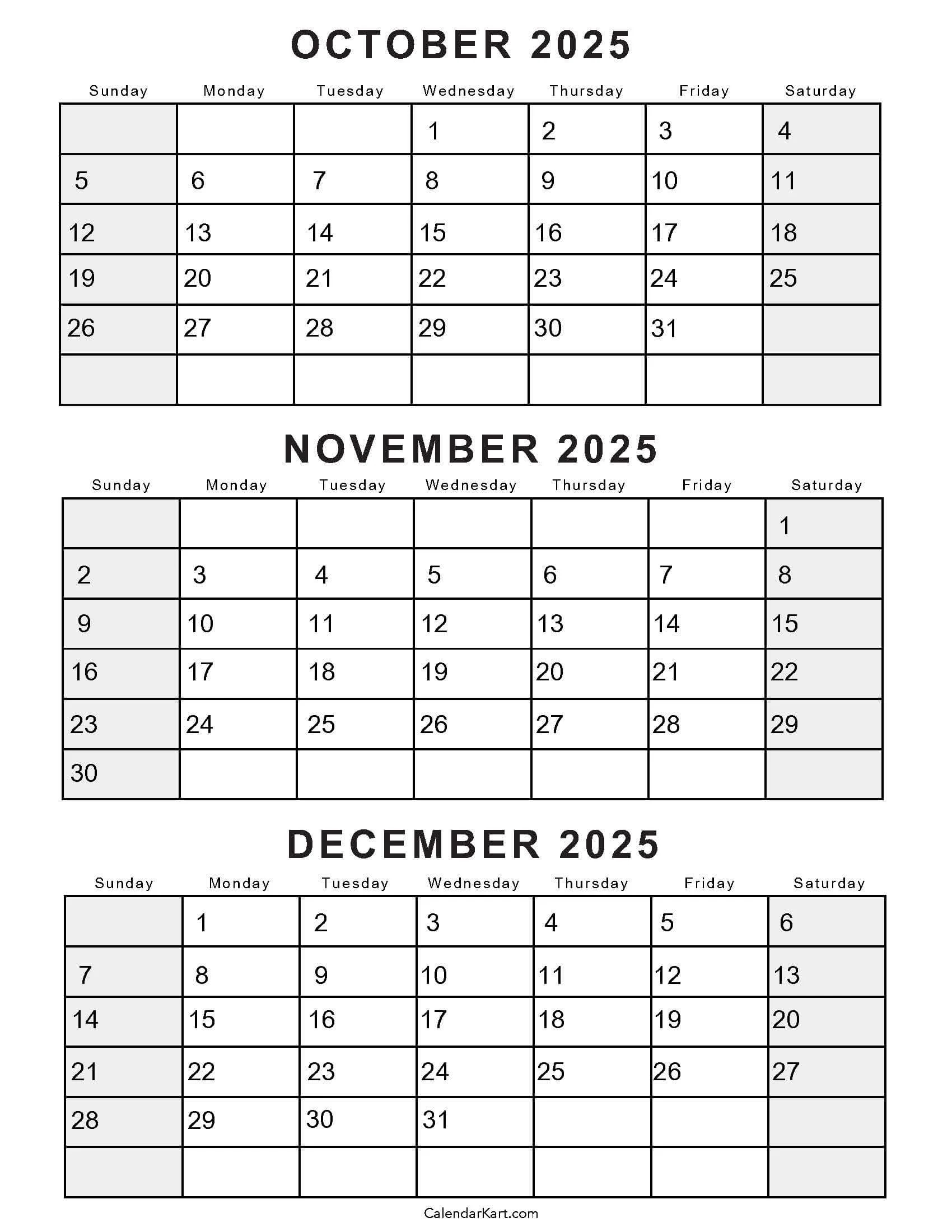 October To December 2025 Calendar Q4 CalendarKart