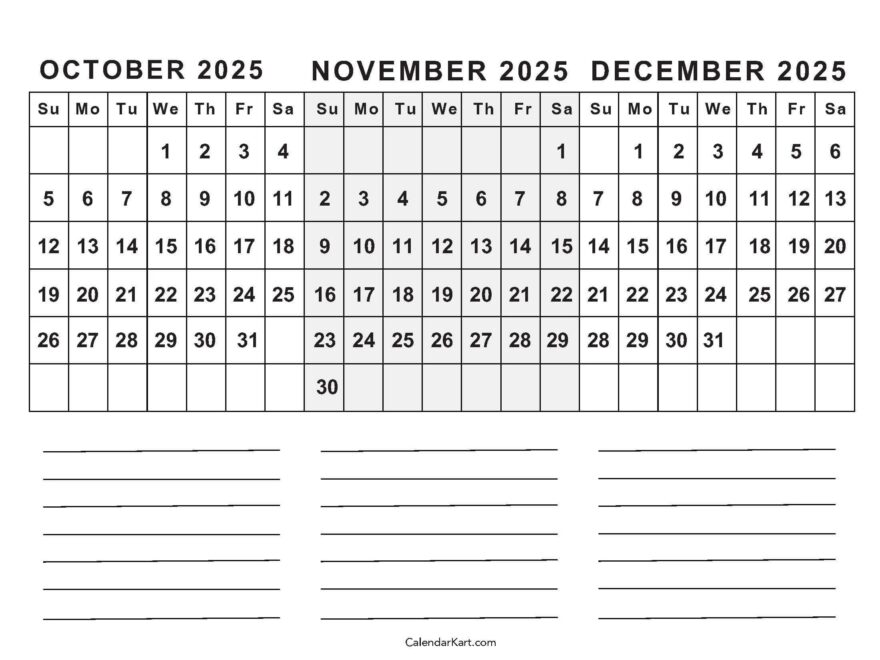 October To December 2025 Calendar Q4 CalendarKart
