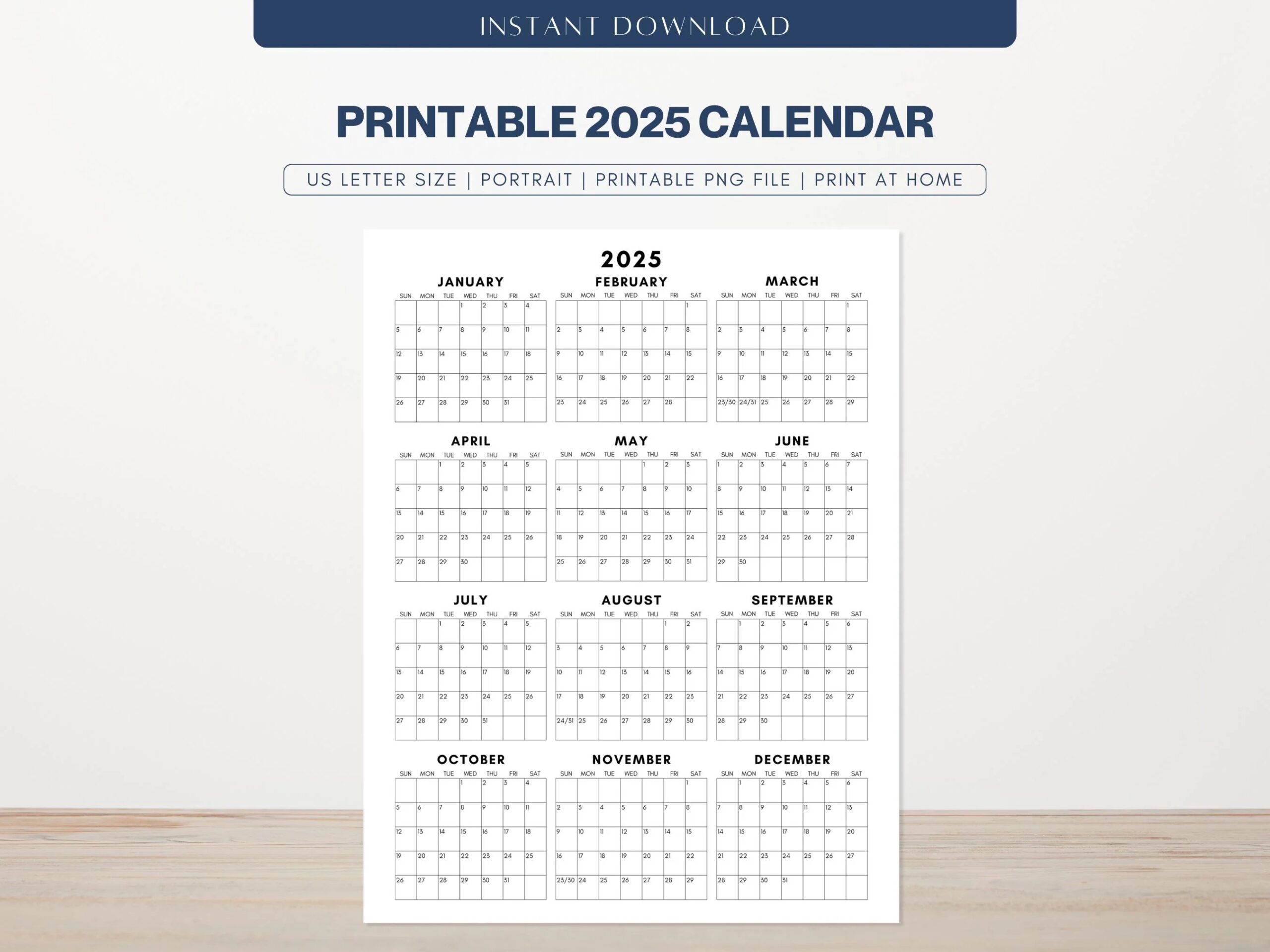 Printable 2025 Calendar 2025 Desk Calendar US Letter Size Year At A Glance 2025 Planner Vertical One Page Annual Planner Print Home Etsy