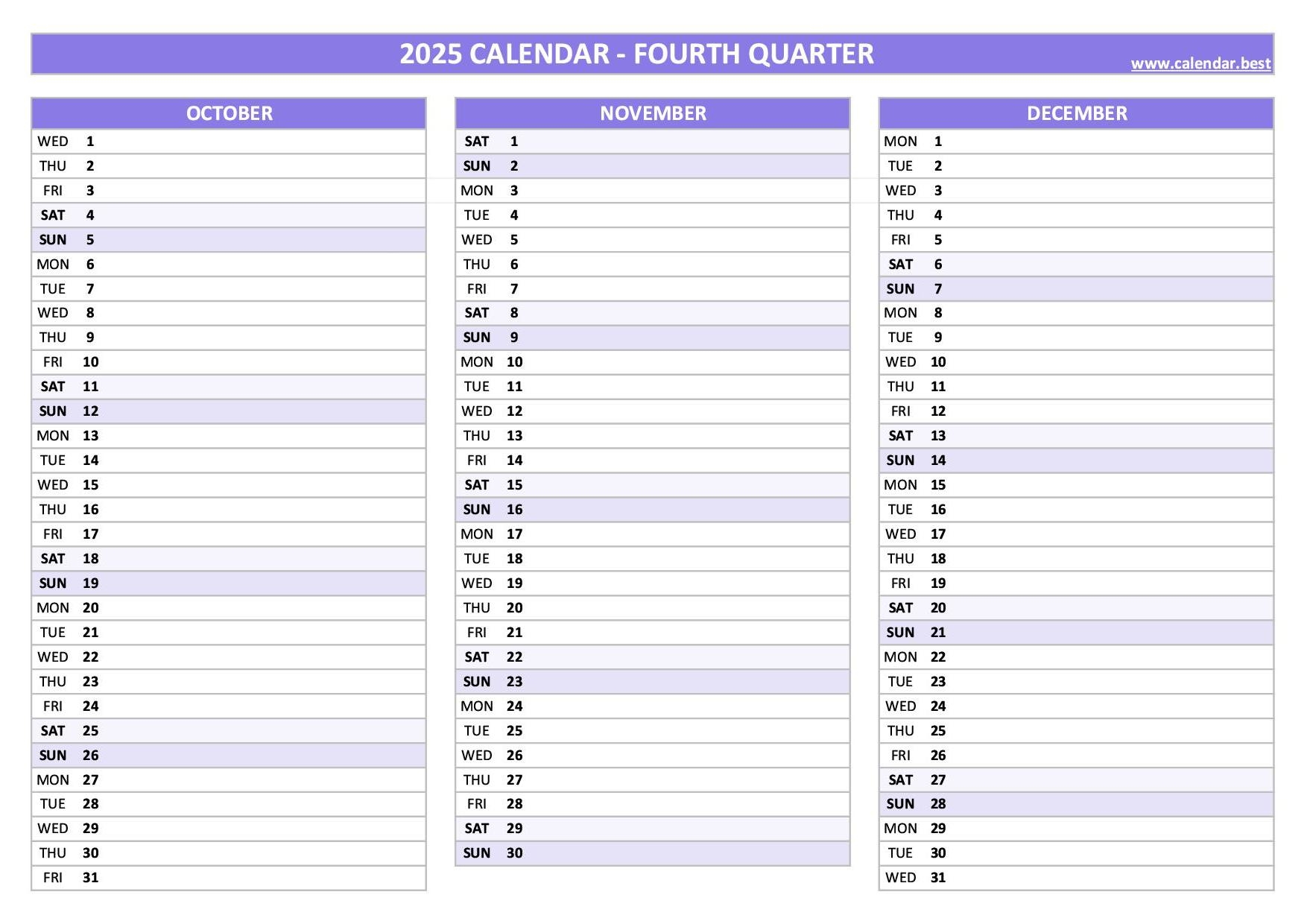 Printable 4th Quarter 2025 Calendar Months Of October November And December 2025