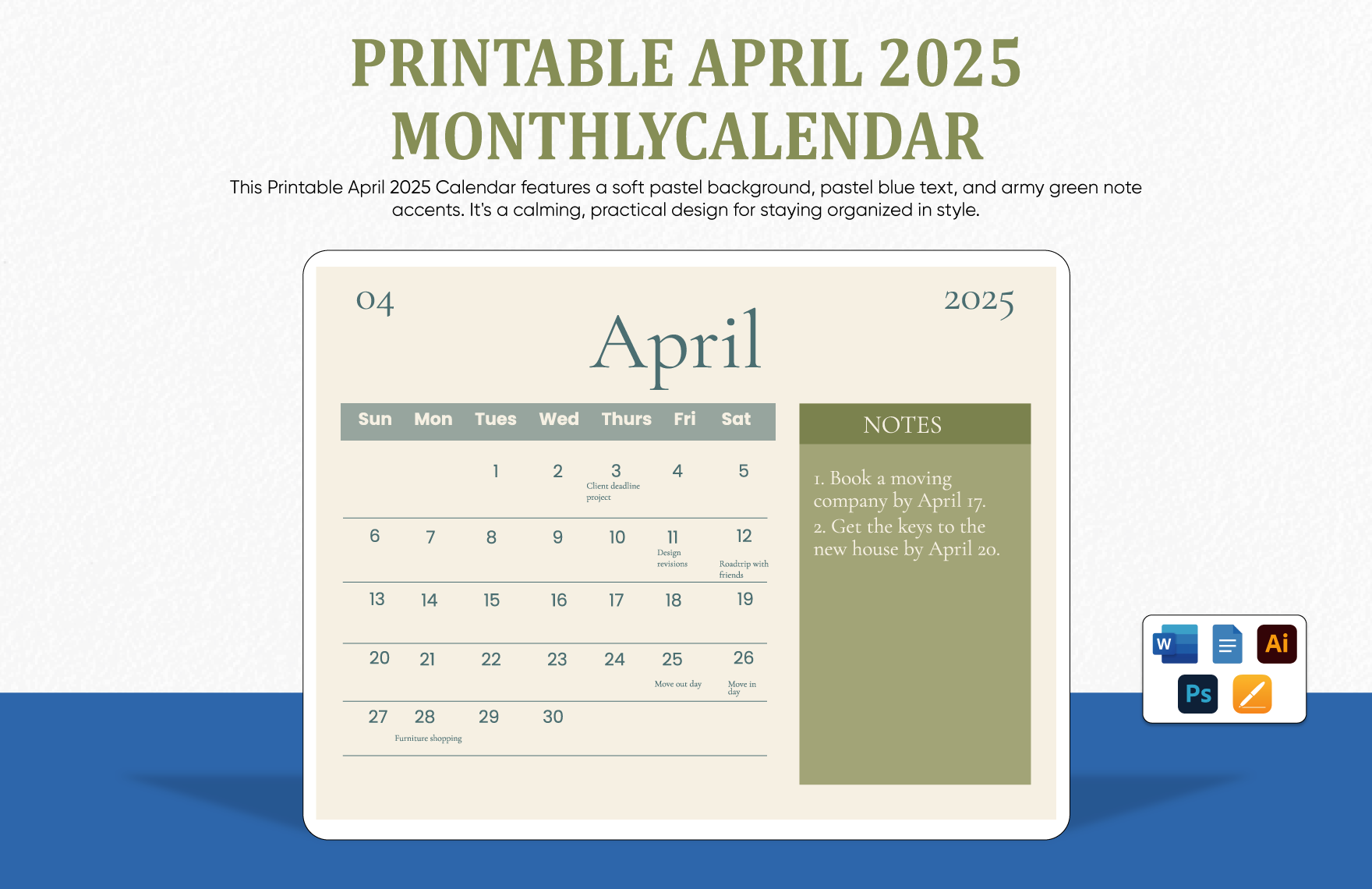 Printable April 2025 Monthly Calendar Template In Apple Pages Illustrator Word PSD Google Docs To Download Template