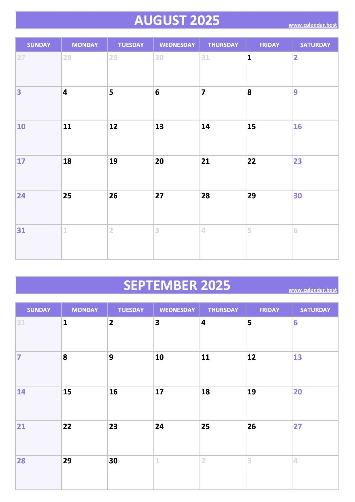 Printable August And September 2025 Calendar Free PDF JPG Downloads