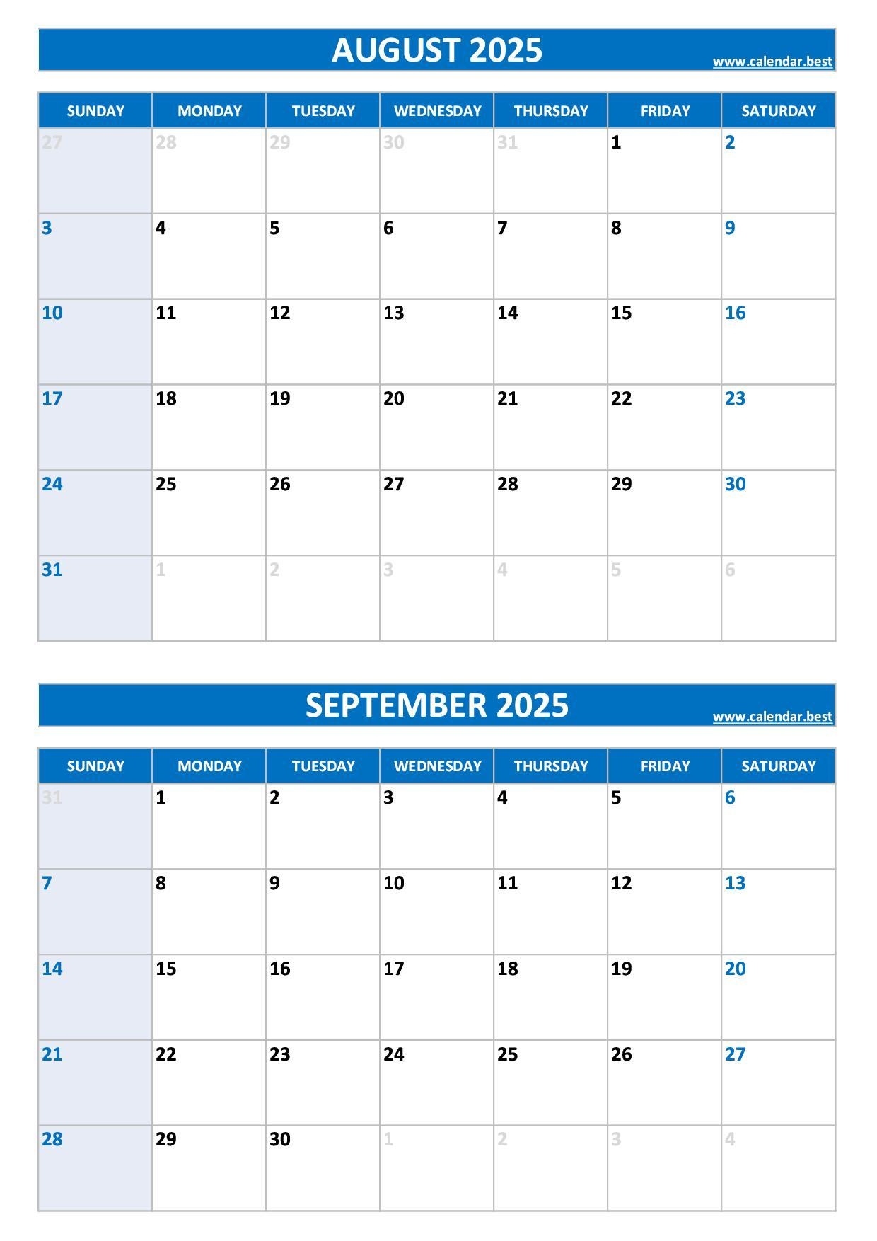 Printable August And September 2025 Calendar Free PDF JPG Downloads