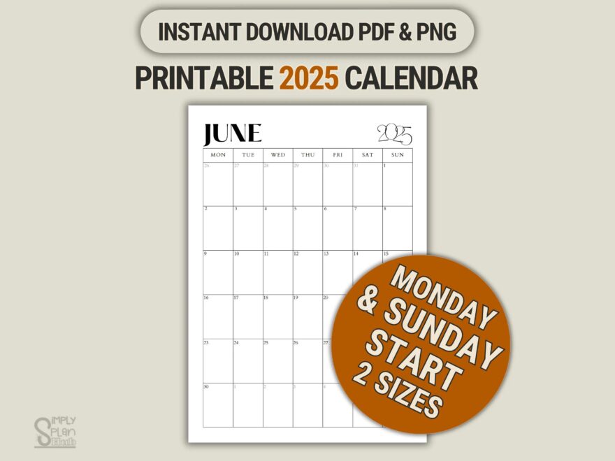 Printable Calendar 2025 Monthly Planner For 2025 Letter And A4 Size Portrait Monday Sunday Start Simple Minimalist Instant Download PDF Etsy