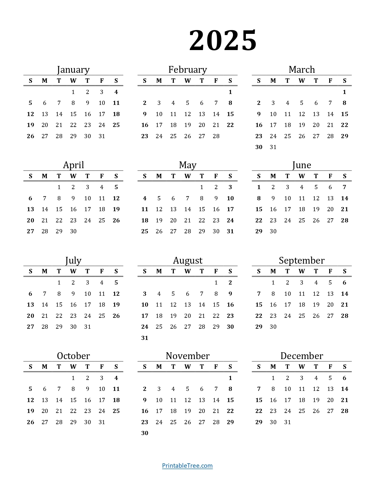 Printable Calendar 2025 One Page With Holidays Single Page 2025 Yearly Blank PDF Templates