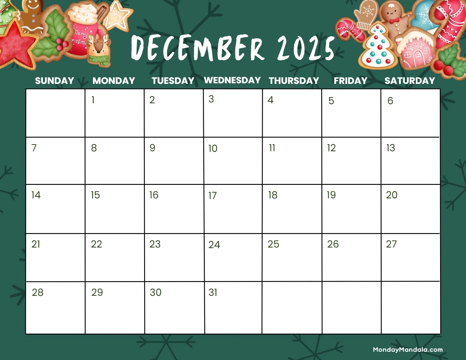 Blank December 2025 Printable Calendar