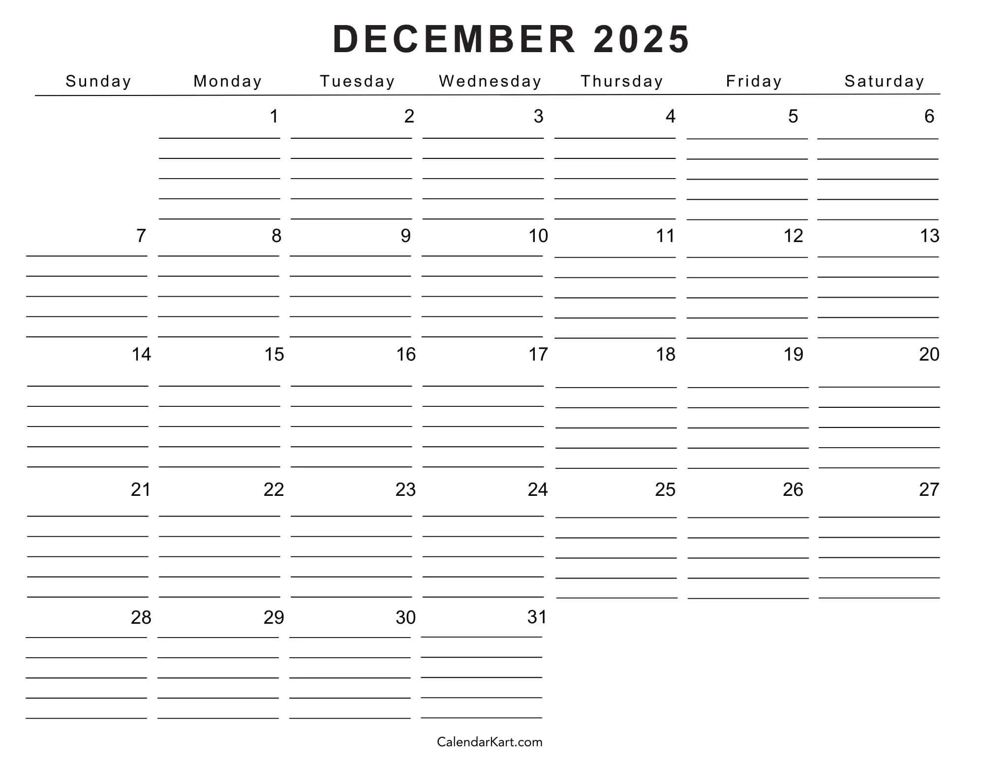 Blank December Calendar 2025