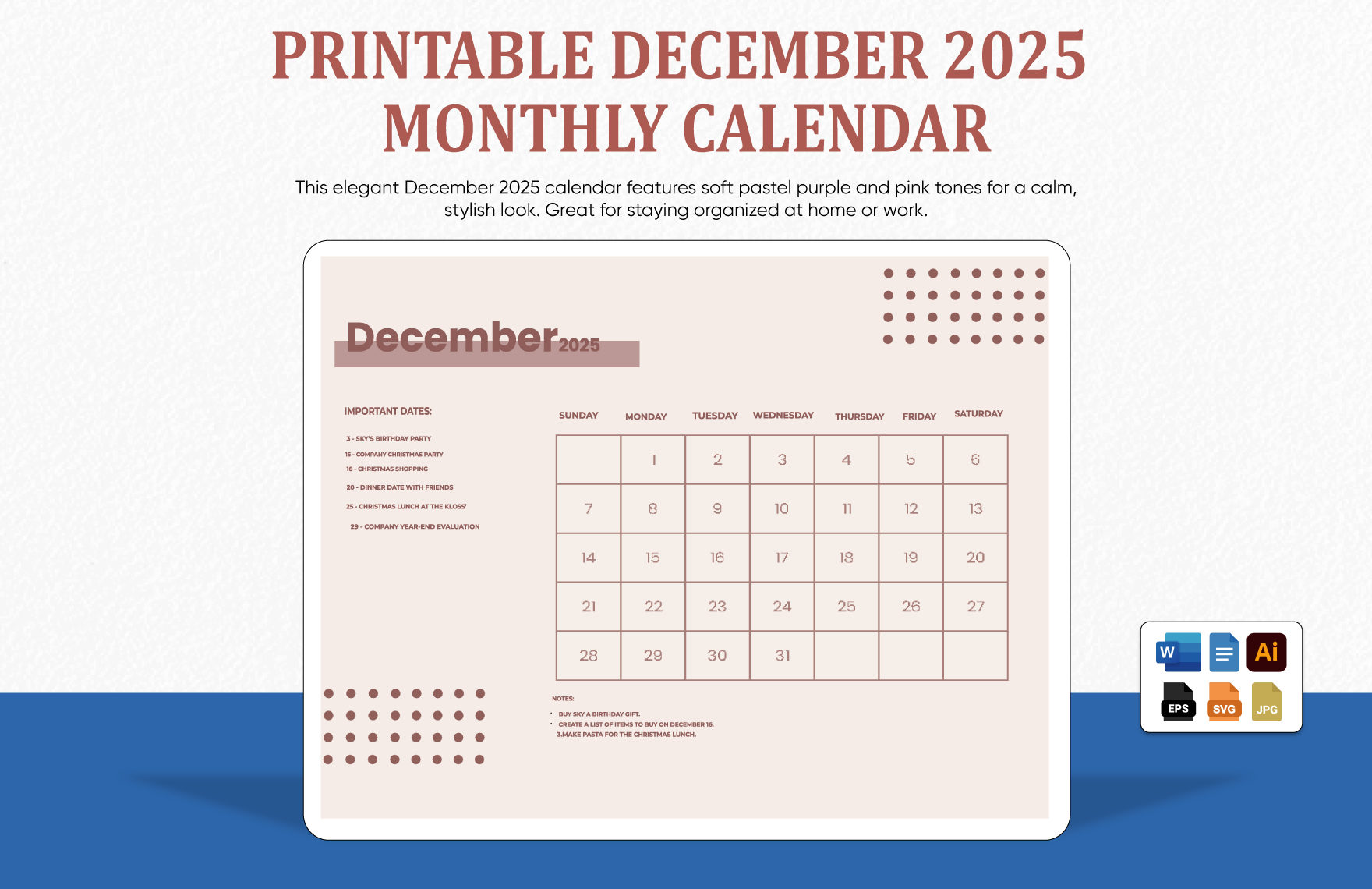 Printable December 2025 Monthly Calendar In SVG JPG Word Illustrator EPS Google Docs To Download Template