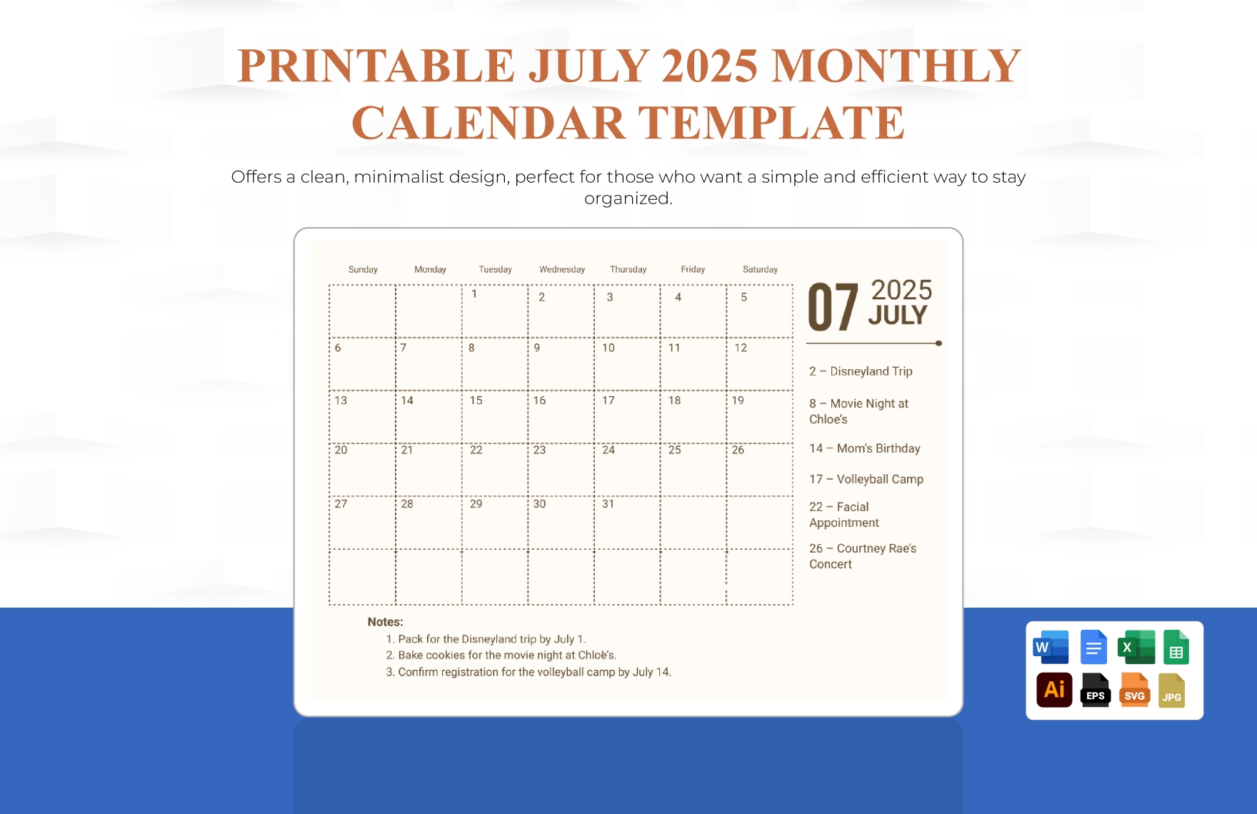Printable July 2025 Monthly Calendar Template In Excel Google Docs Google Sheets EPS JPG SVG Word Illustrator To Download Template