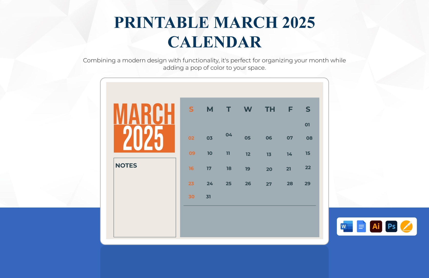 Printable March 2025 Calendar Template In PSD Illustrator Word Apple Pages Google Docs To Download Template