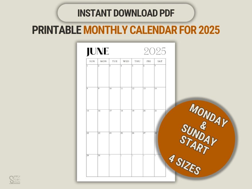 Printable Monthly Calendar 2025 Planner Template Monday Sunday Start 12 Months Minimalist Instant Download PDF Letter A4 A5 Portrait Etsy