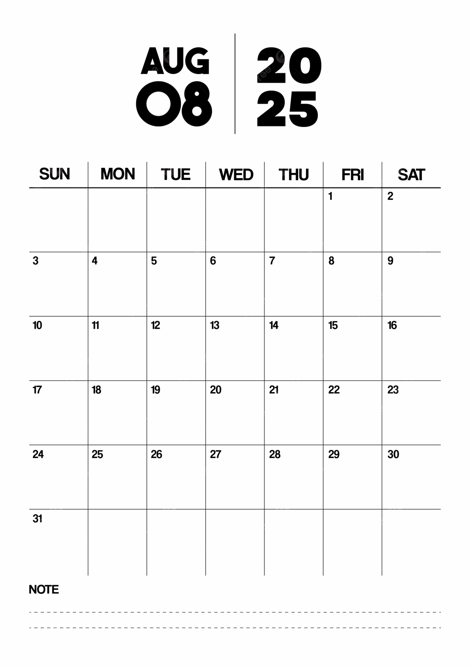 Printable Monthly Calendar August 2025