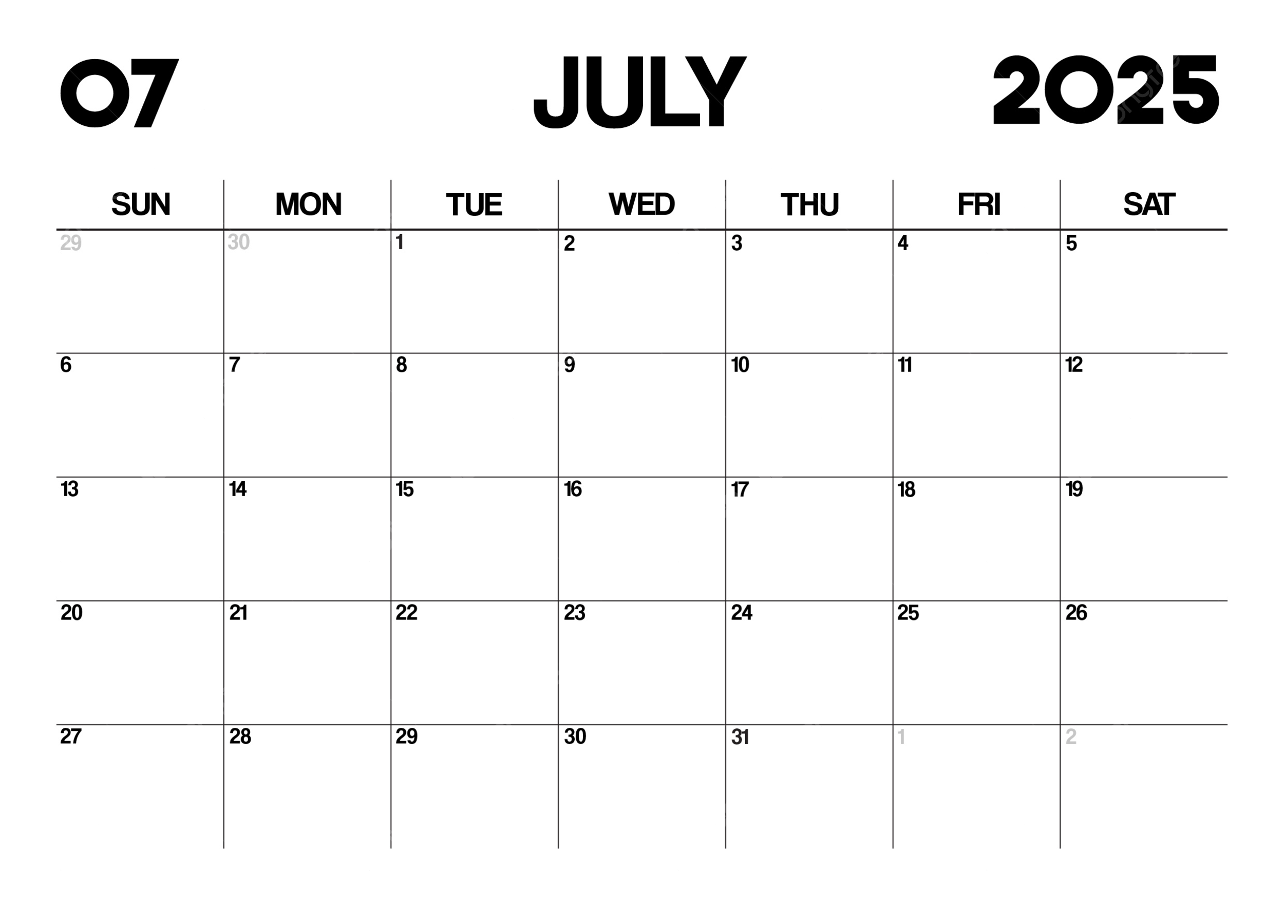 Printable Monthly Calendar Planner Template For July 2025 In Minimalist Style And Landscape Format Vector Template Download On Pngtree