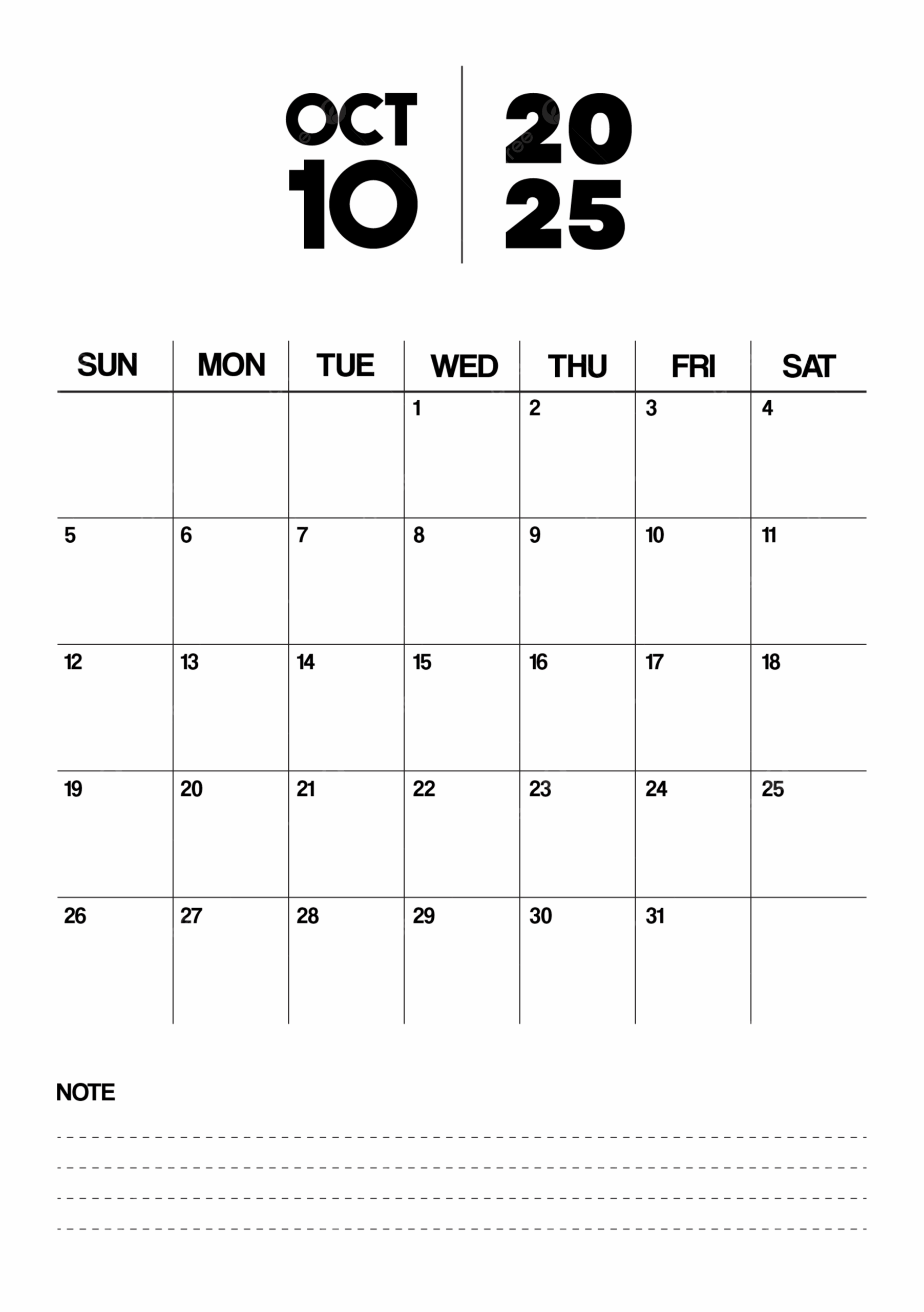 Printable Monthly Calendar Planner Template For October 2025 In Minimalist Style And Portrait Format Vector Template Download On Pngtree