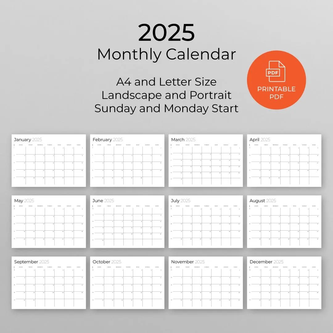 Printable Monthly Planner Calendar 2025 Portrait And Landscape Letter 11x17 A4 Monday Sunday Start Instant Download Etsy