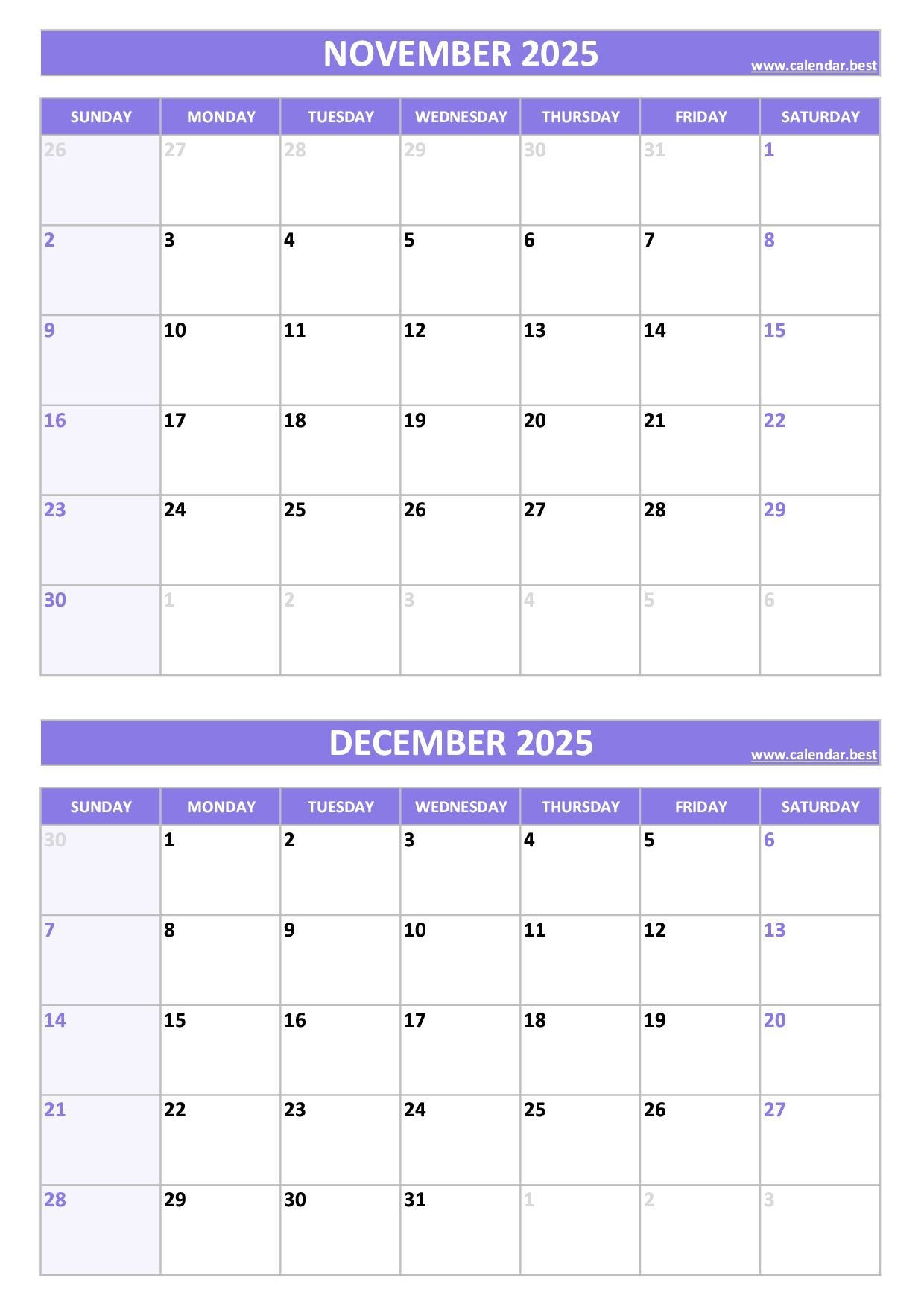 Printable November And December 2025 Calendar Free PDF JPG Downloads