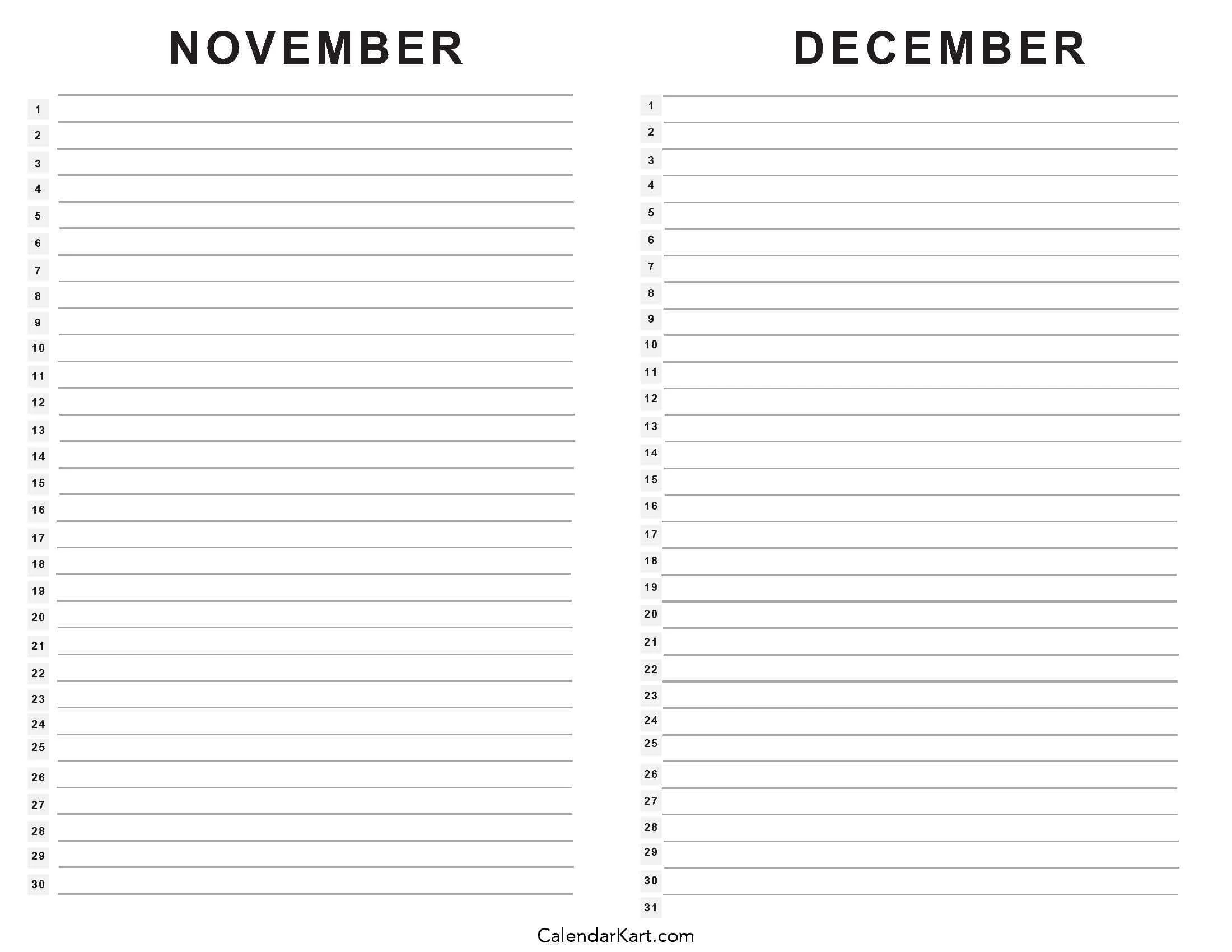 Printable November December 2025 Calendars Calendarkart