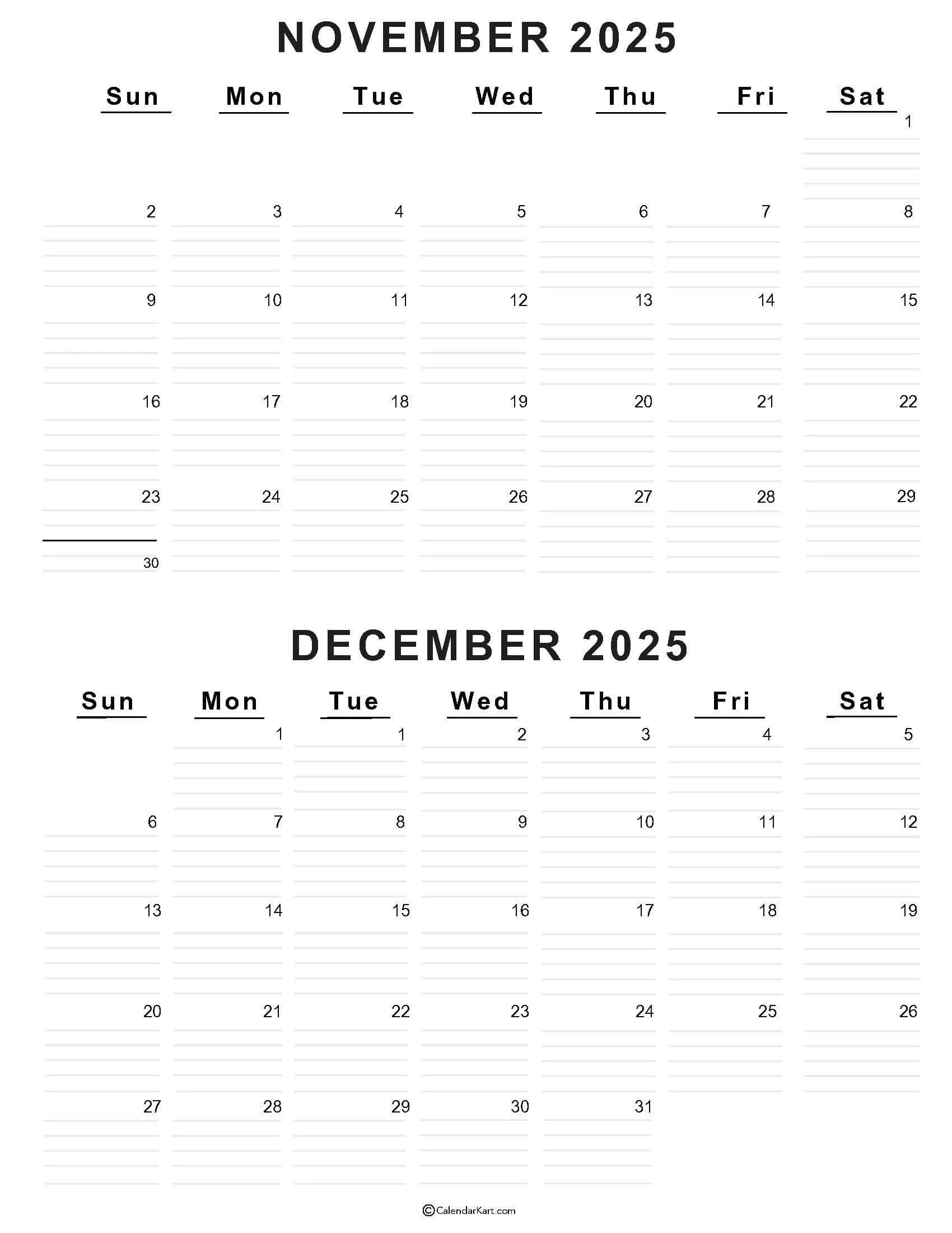 Printable November December 2025 Calendars Calendarkart